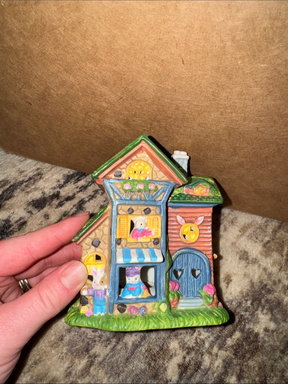 Hand-Painted Ceramic Bunny House Figurine in Pastel Colors